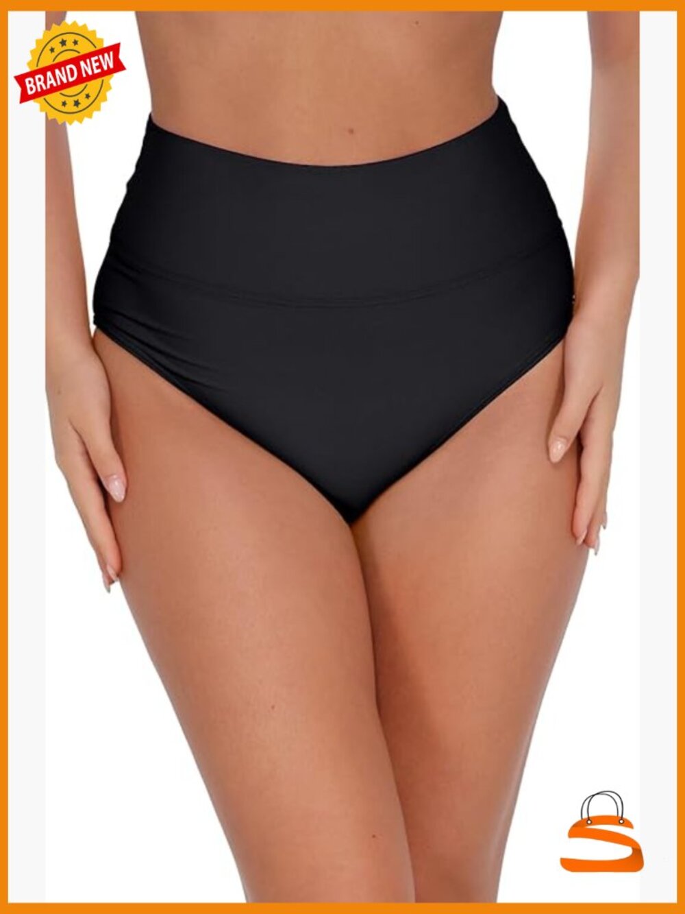 High Waist Bikini Bottom With Tummy Control, Full Coverage, Size Large